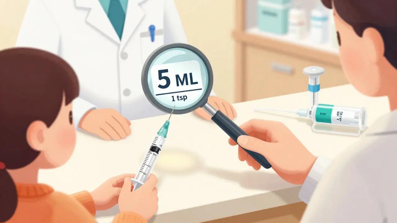 Pharmacist handing a caregiver a clearly labeled oral syringe with milliliter markings instead of teaspoons.