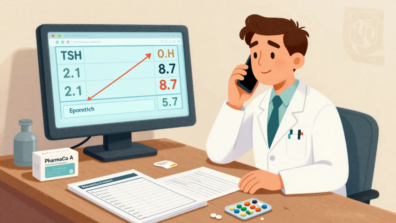 Pharmacist reporting a TSH spike to a prescriber, with patient data and pill labels on desk.
