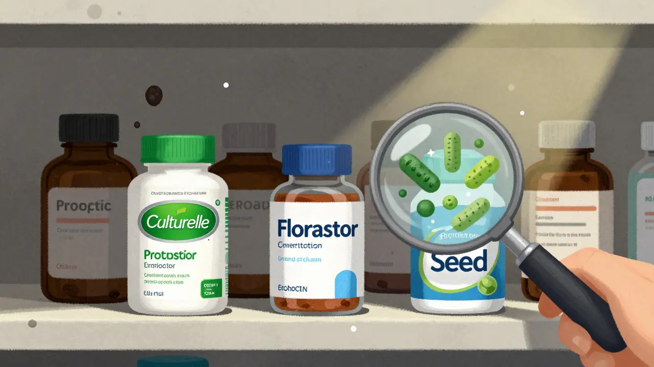 Pharmacy shelf with trusted probiotic brands glowing, unbranded bottles crumbling in shadow.