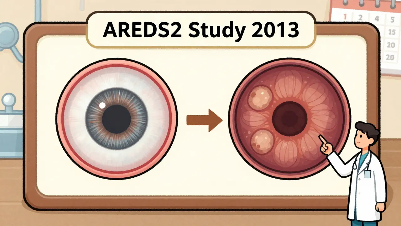 Side-by-side comparison of healthy and intermediate AMD eyes with medical chart, illustrated in textured style.