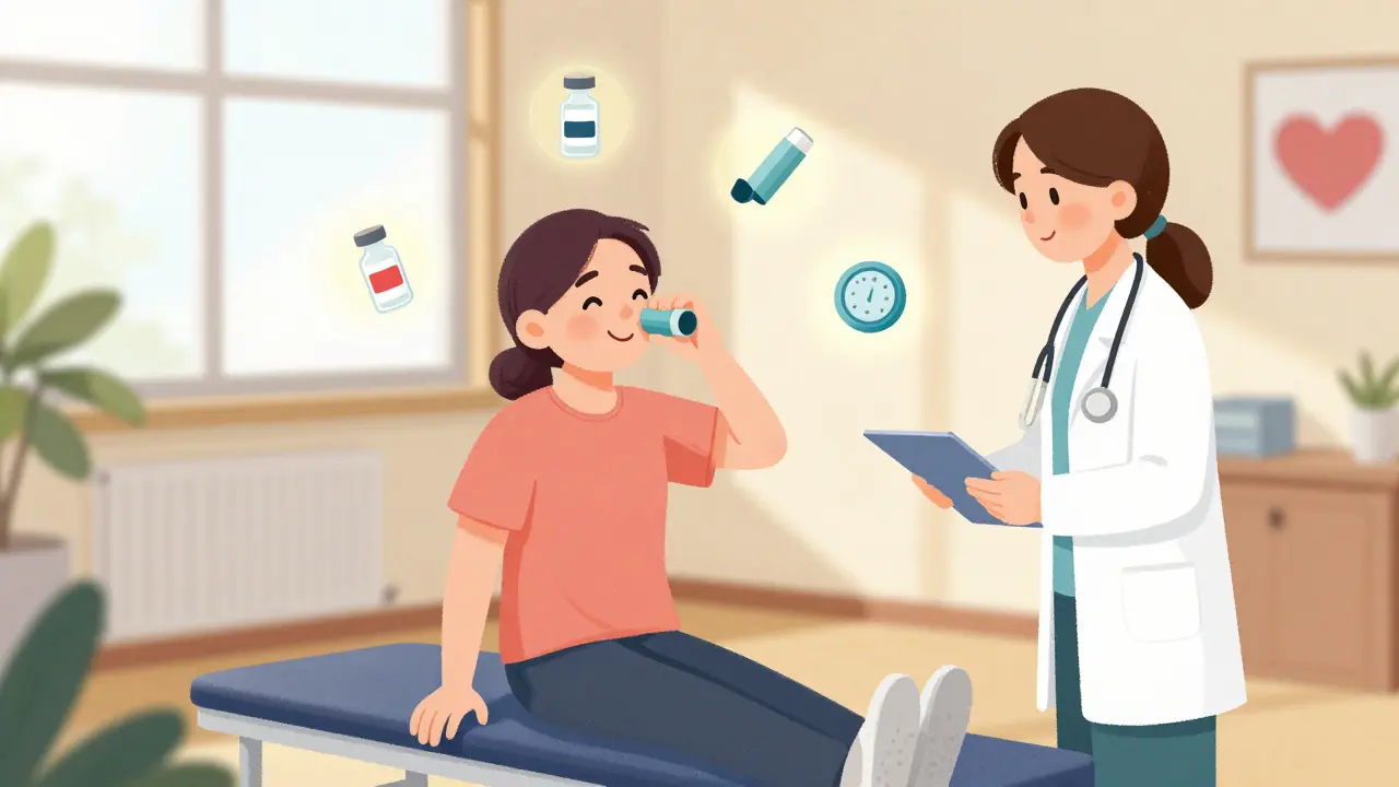 Someone in pulmonary rehab smiling while doing breathing exercises with supportive icons around them.