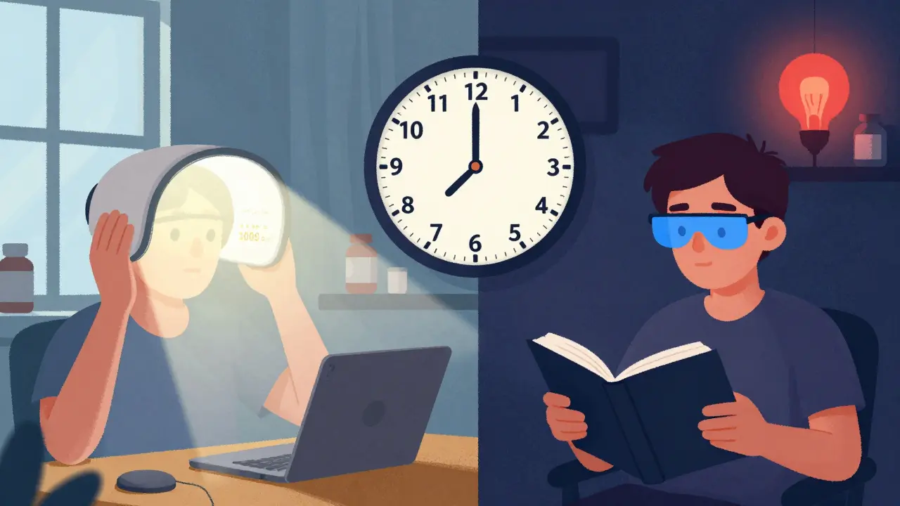Split scene: person using light therapy in morning and reading under red light at night, with consistent wake time clock in center.