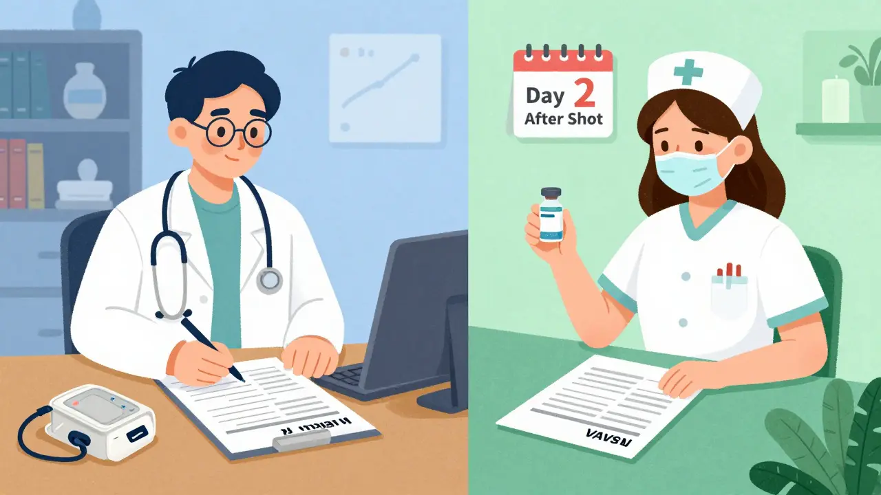 Split scene showing a doctor reporting a pill reaction and a nurse reporting a vaccine reaction in the same room.