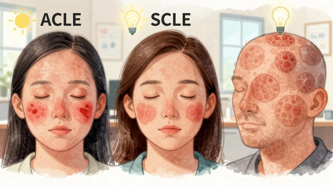 Three types of lupus skin rashes: butterfly, ring-shaped, and discoid plaques.