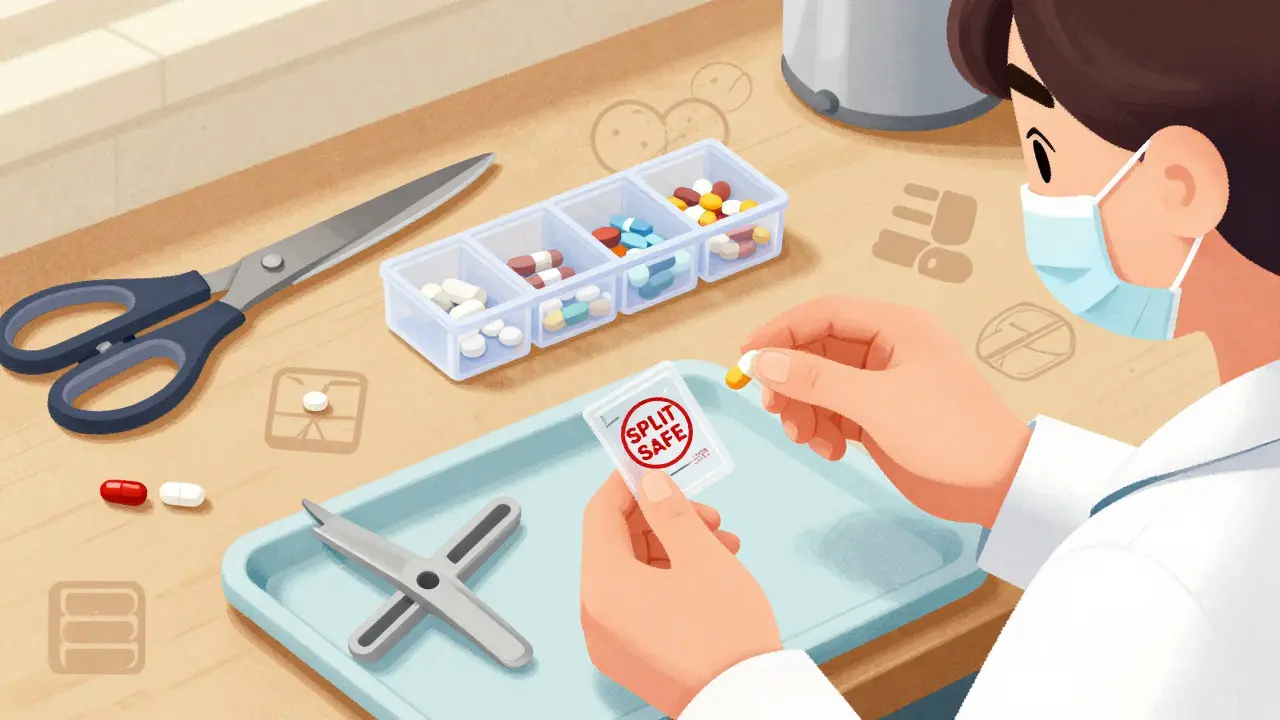 Unsafe pill splitting on a kitchen counter contrasted with proper medication handling guided by a pharmacist.