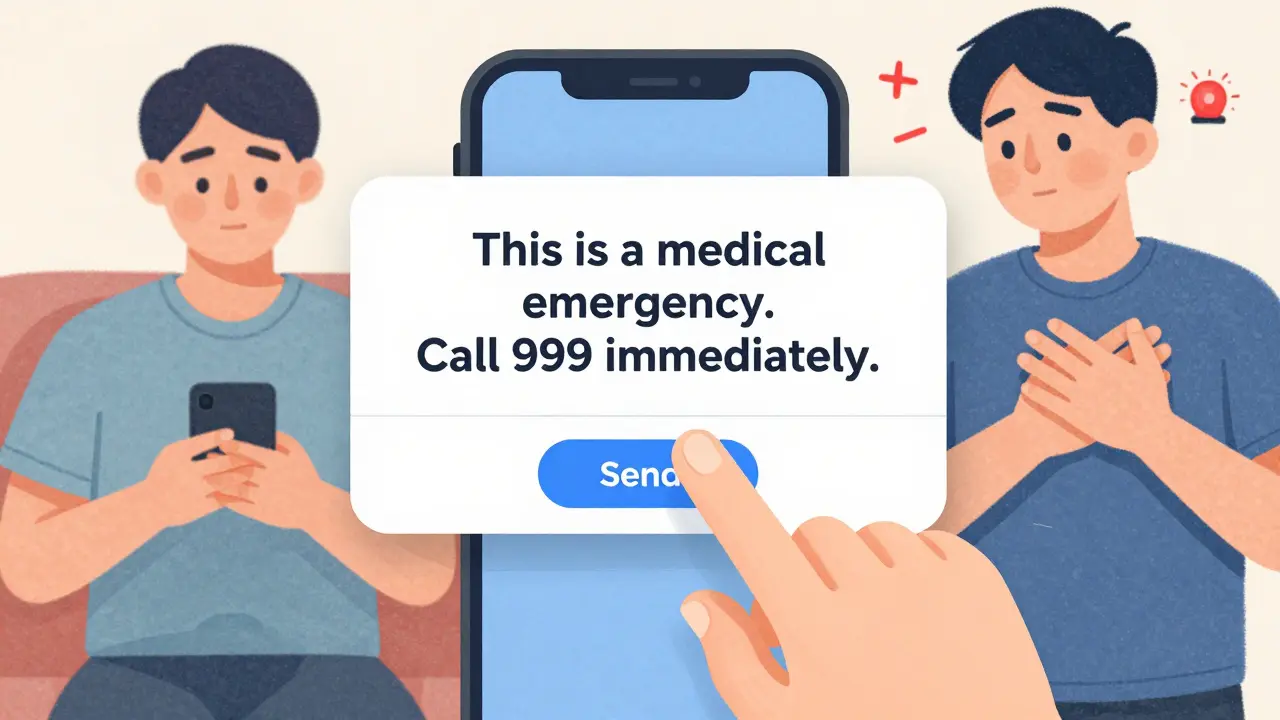 Warning pop-up on phone screen advising emergency call instead of secure messaging.