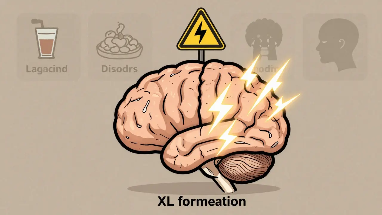 A brain divided between calm and chaotic neural activity, with warning symbols around it.