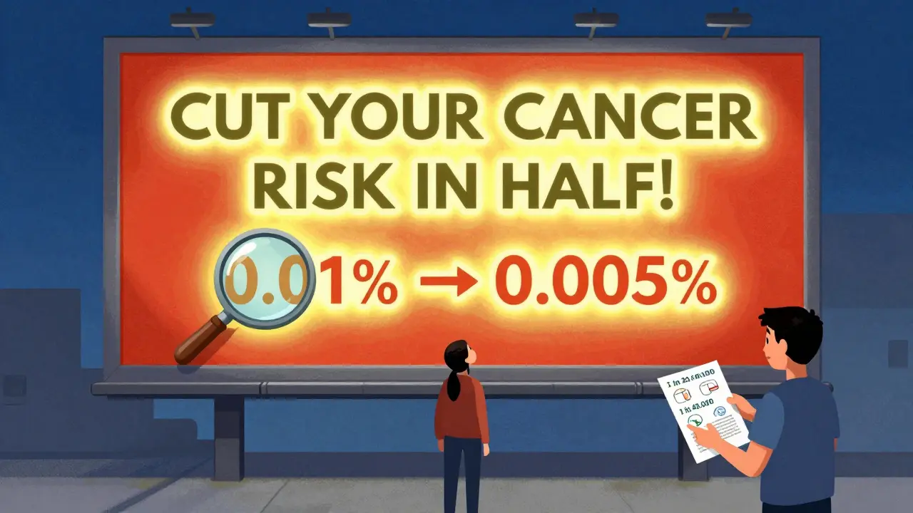 A glowing drug ad claims 'cut cancer risk in half,' but a magnifying glass reveals the true numbers: 0.01% to 0.005%.