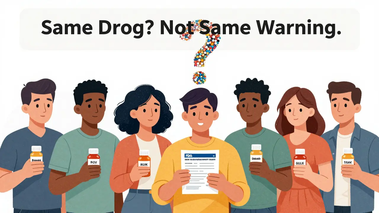 A group of people holding generic drug bottles, one checking an FDA safety alert on a tablet, highlighting unequal access to safety information.