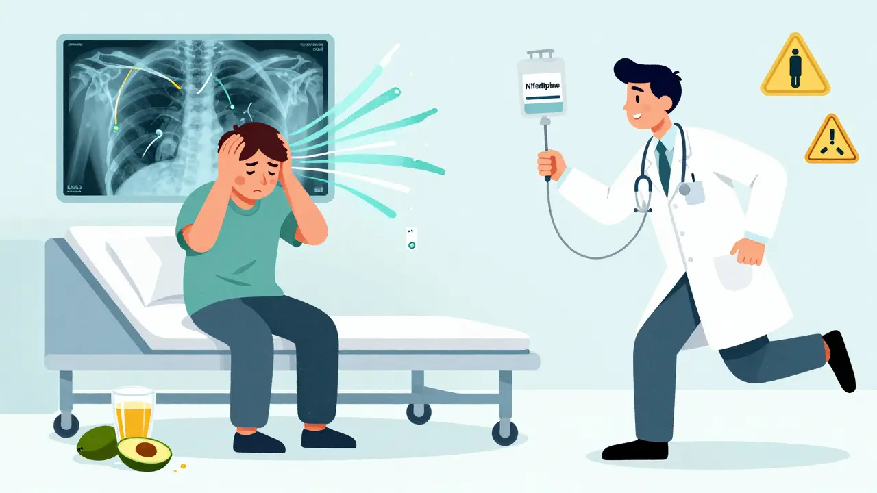 A patient in emergency room with medical team treating tyramine-induced hypertensive crisis.