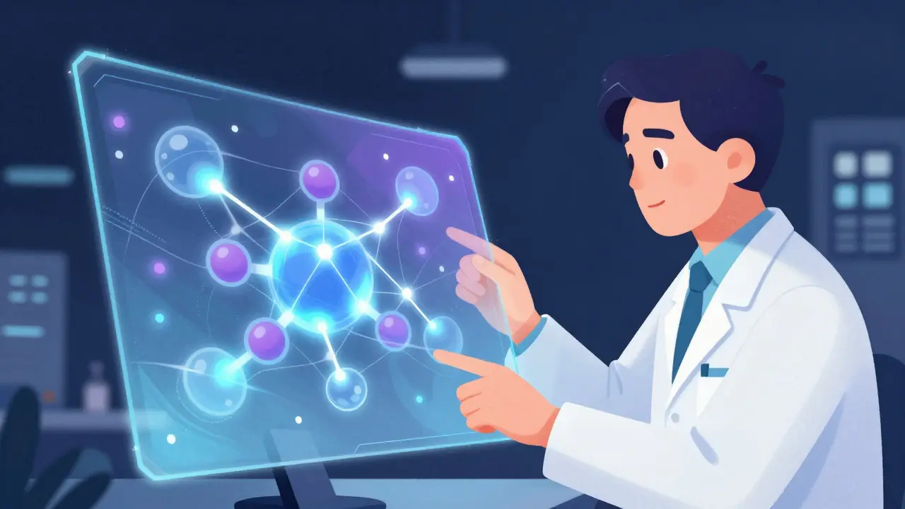 AI analyzing drug interactions using neural network visualization