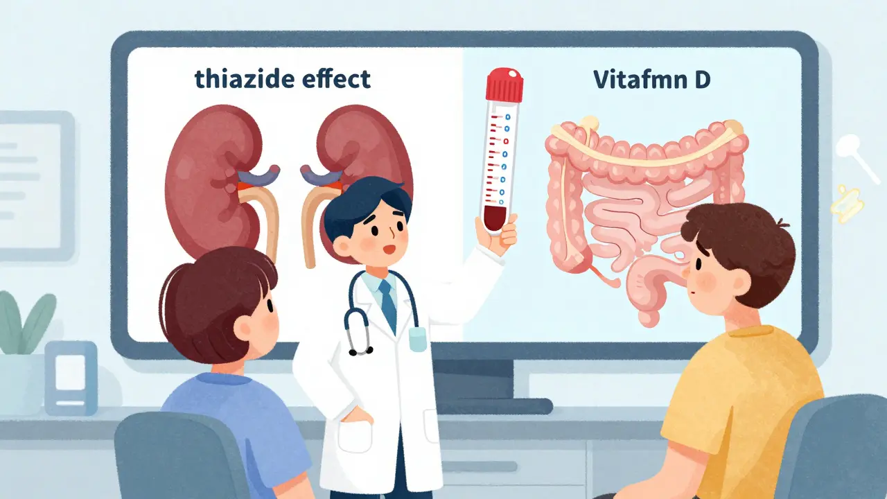 Doctor explains rising calcium levels to confused patient using animated blood test chart.