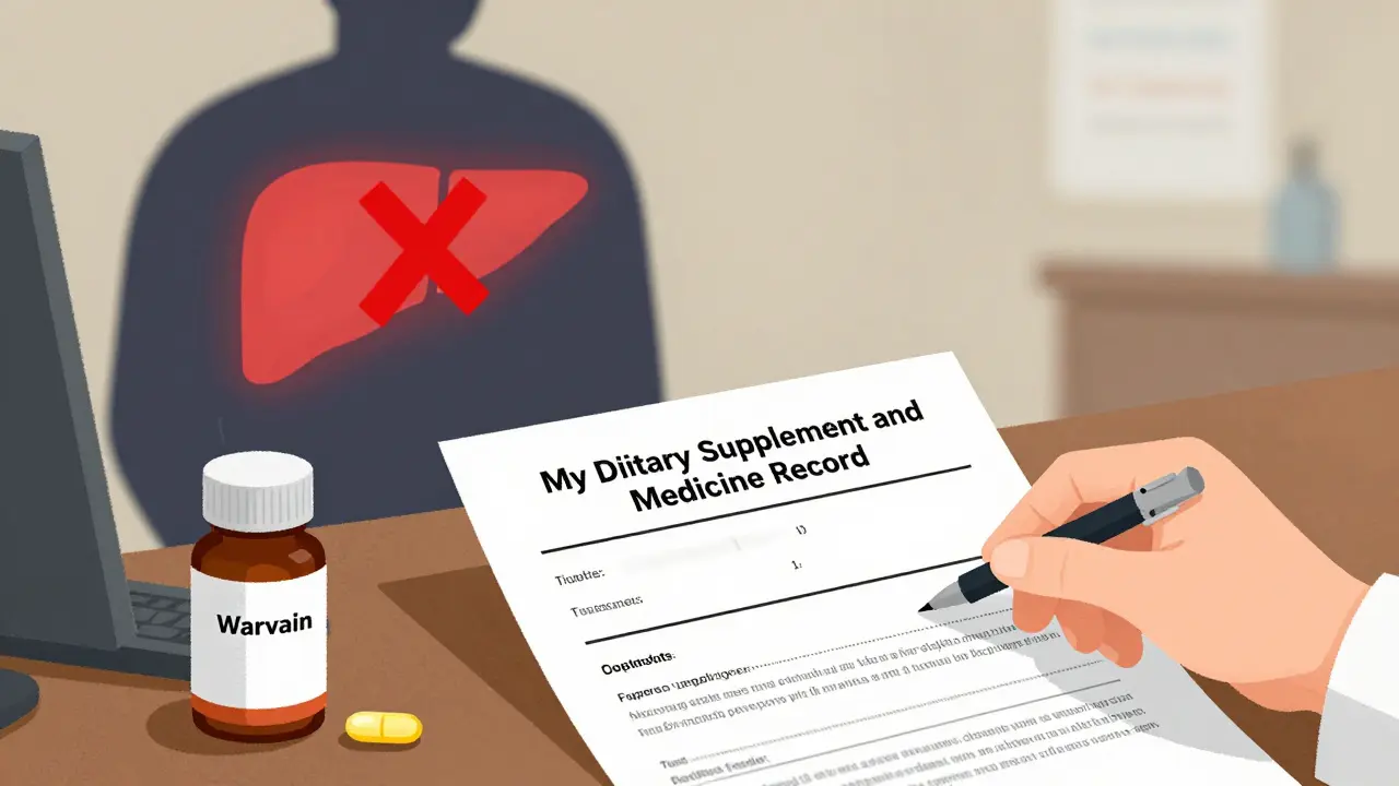 Hand placing a supplement tracking form next to warfarin and fish oil capsules on a desk.