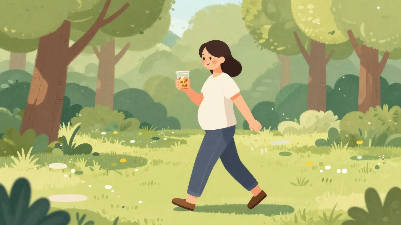 Postpartum woman walking in park with healthy snack