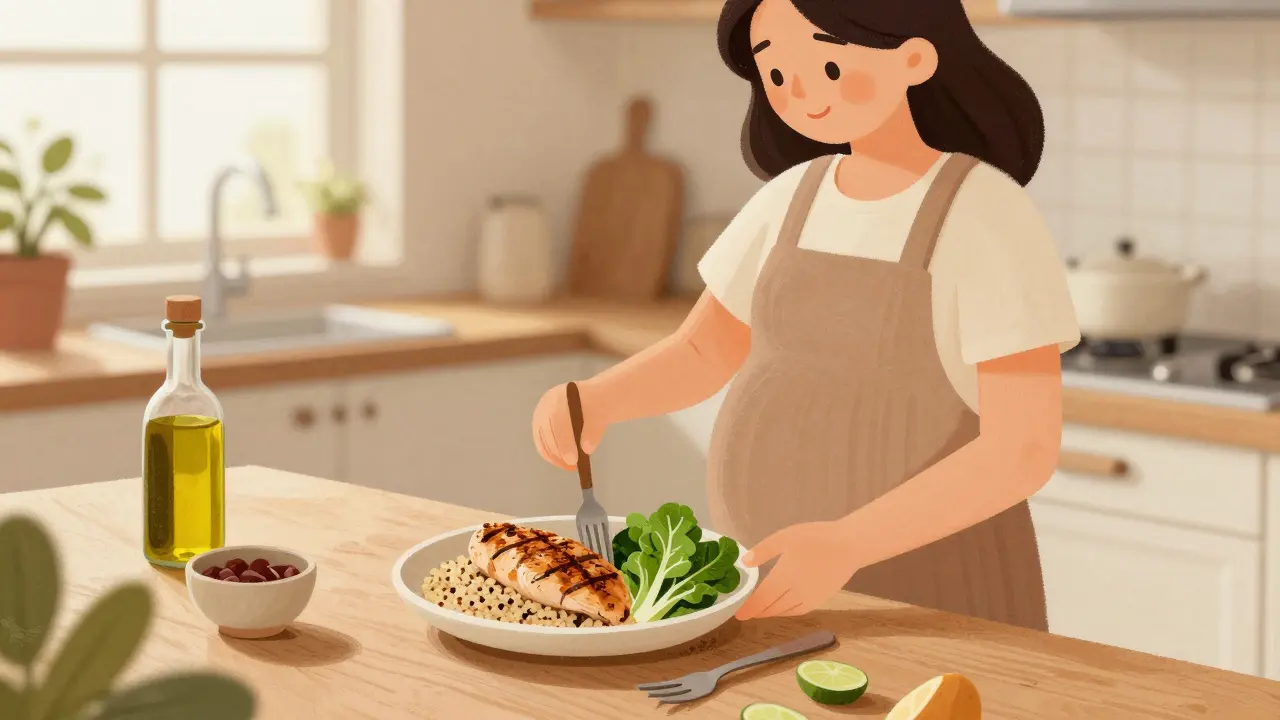 Pregnant woman preparing balanced meal with quinoa and vegetables