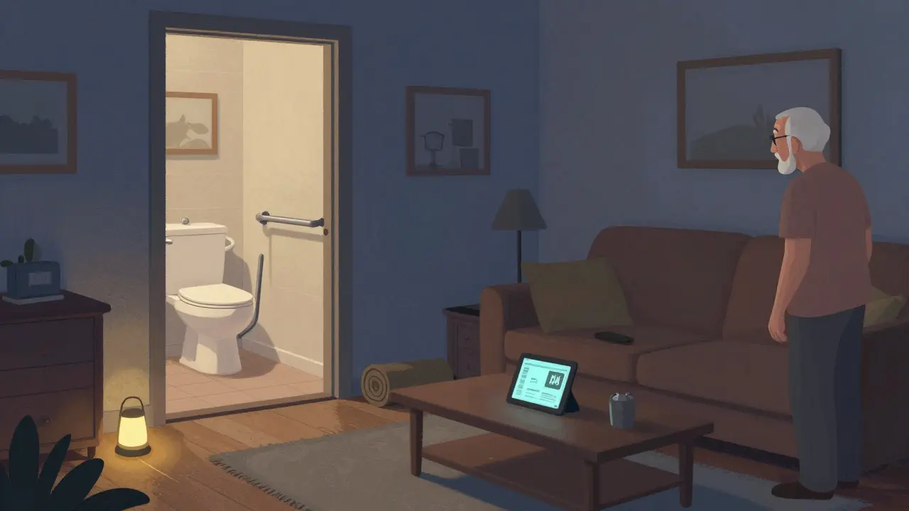 Senior man in home with grab bars, nightlights, and no tripping hazards, promoting fall prevention.