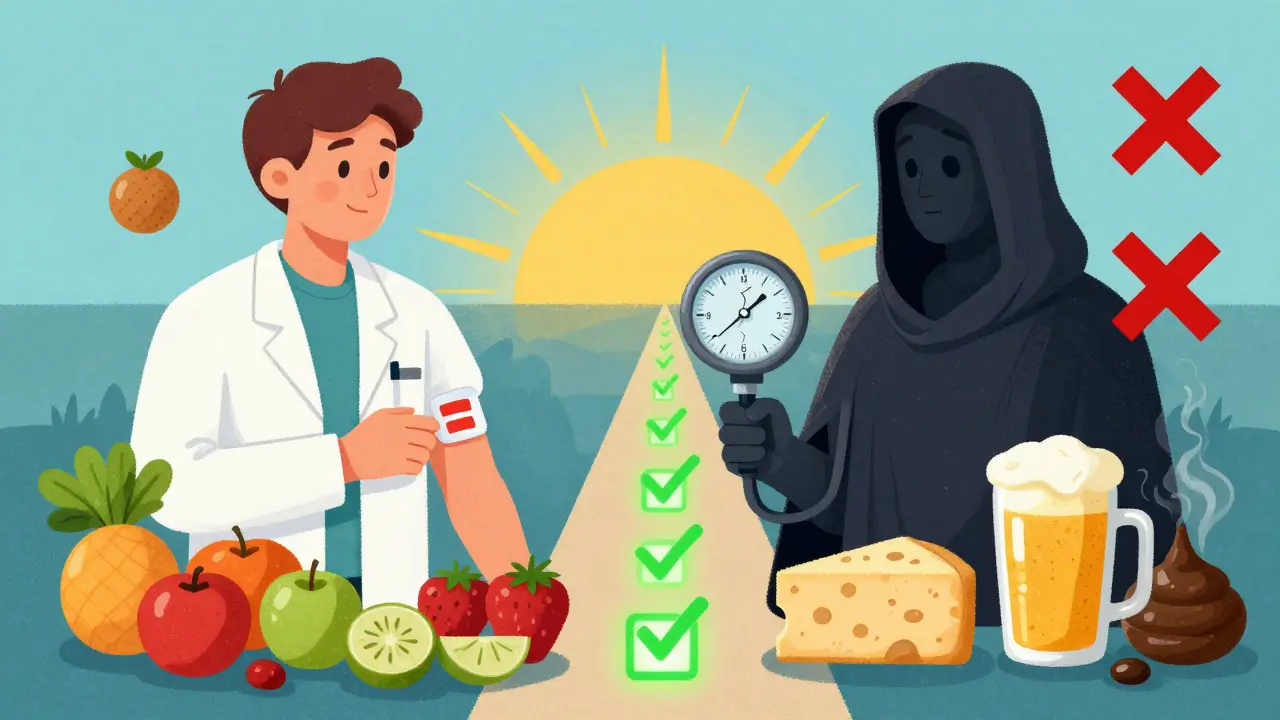 Split illustration showing safe vs. dangerous foods for someone using an MAOI antidepressant patch.