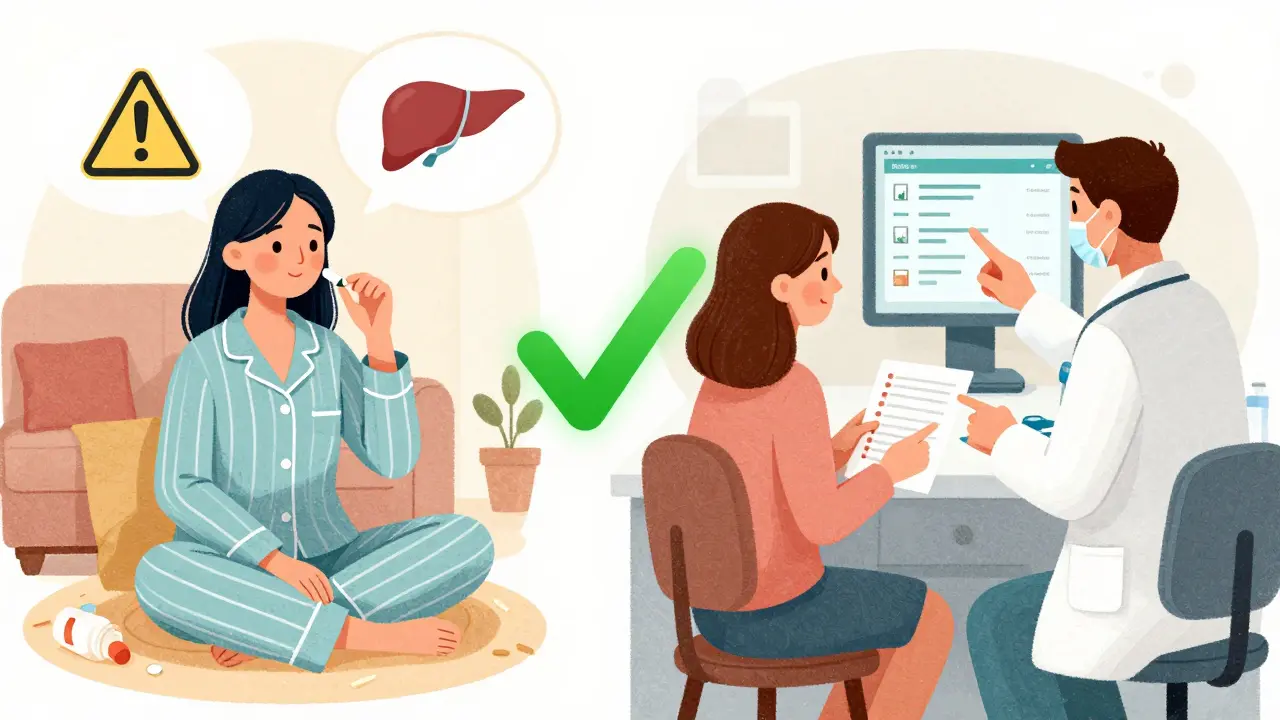 Split scene: woman taking supplements at home vs. discussing them safely with a pharmacist.