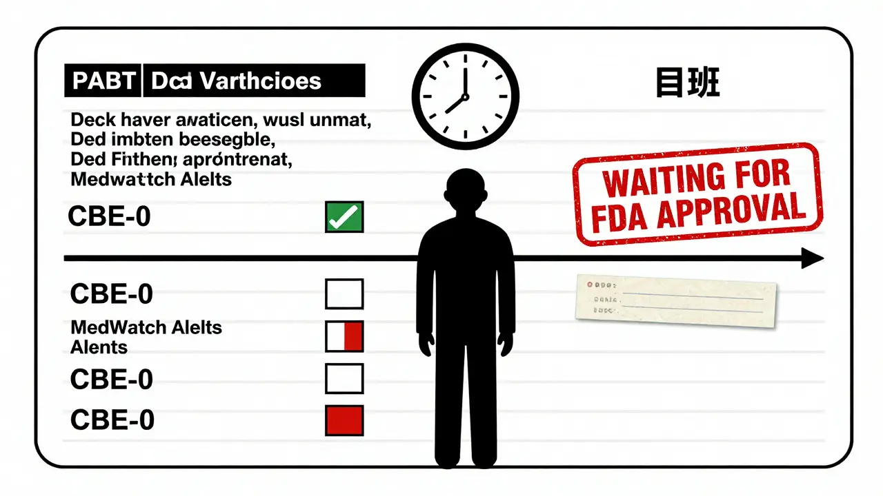 Two parallel timelines showing rapid safety updates for a brand-name drug versus a lagging generic version with a waiting stamp.