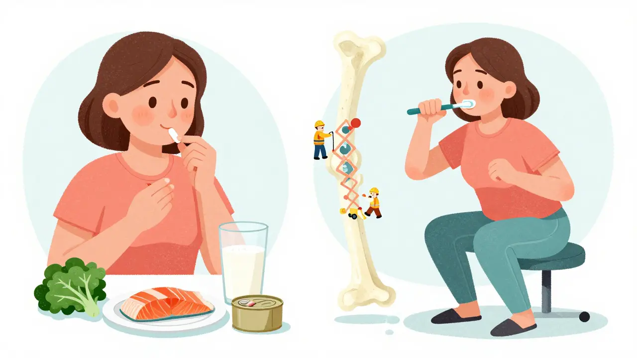 Woman taking calcium and doing chair squats while bone cells rebuild like tiny workers, showing daily habits for stronger bones.