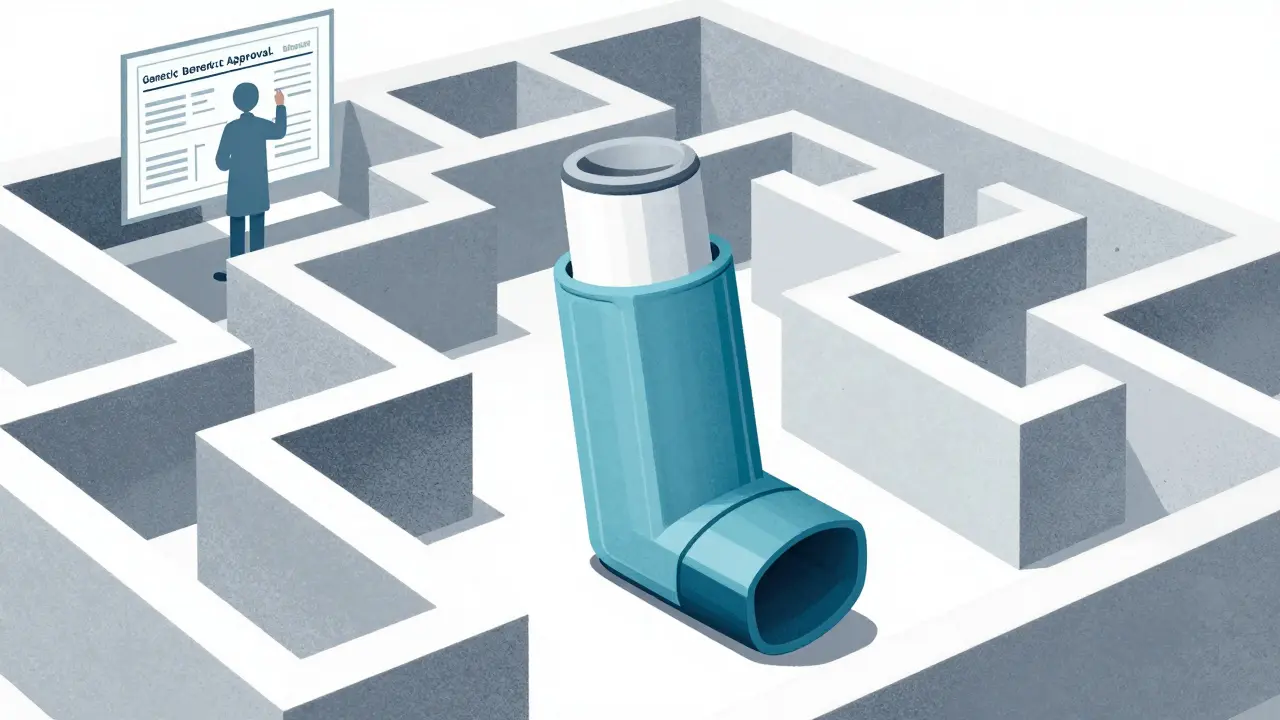 A cartoon inhaler blocked by a maze representing regulatory hurdles.
