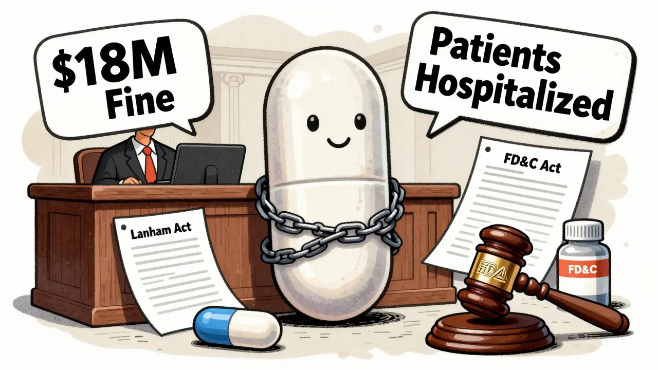 A generic pill on trial in court, chained by legal documents, while a branded pill accuses it, with headlines about fines and hospitalizations.