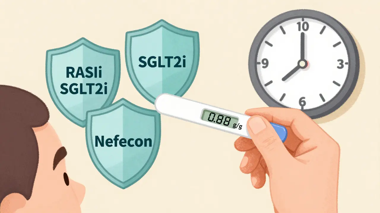 A patient with urine test results and three medications floating as protective shields.