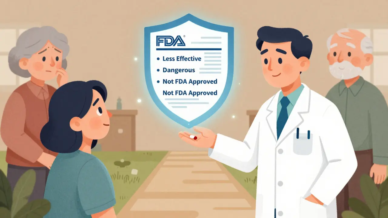 A pharmacist gives a generic pill to a patient as a glowing FDA fact sheet dispels false claims, with contrasting images of fear and trust behind them.