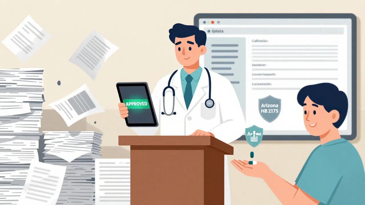 A physician holding an approved electronic prescription as chaotic paperwork falls behind them.