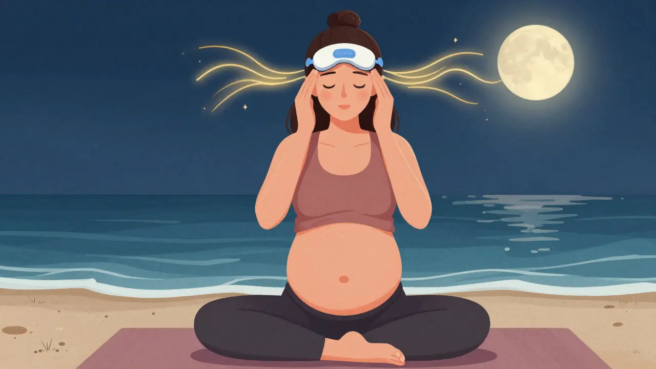 A pregnant woman using a Cefaly device on her forehead, surrounded by calming waves and yoga imagery, representing drug-free migraine relief.
