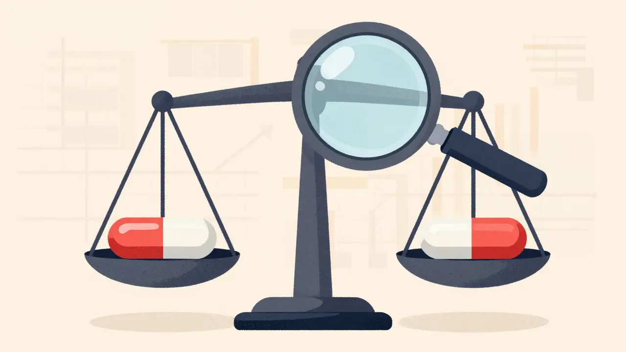 Balance scale comparing brand and generic pills for equivalence.