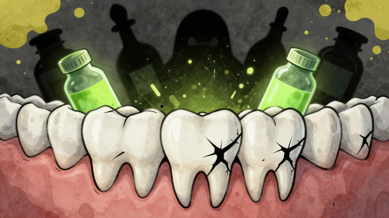 Cartoon teeth facing decay threats from looming medicine bottle shadows.