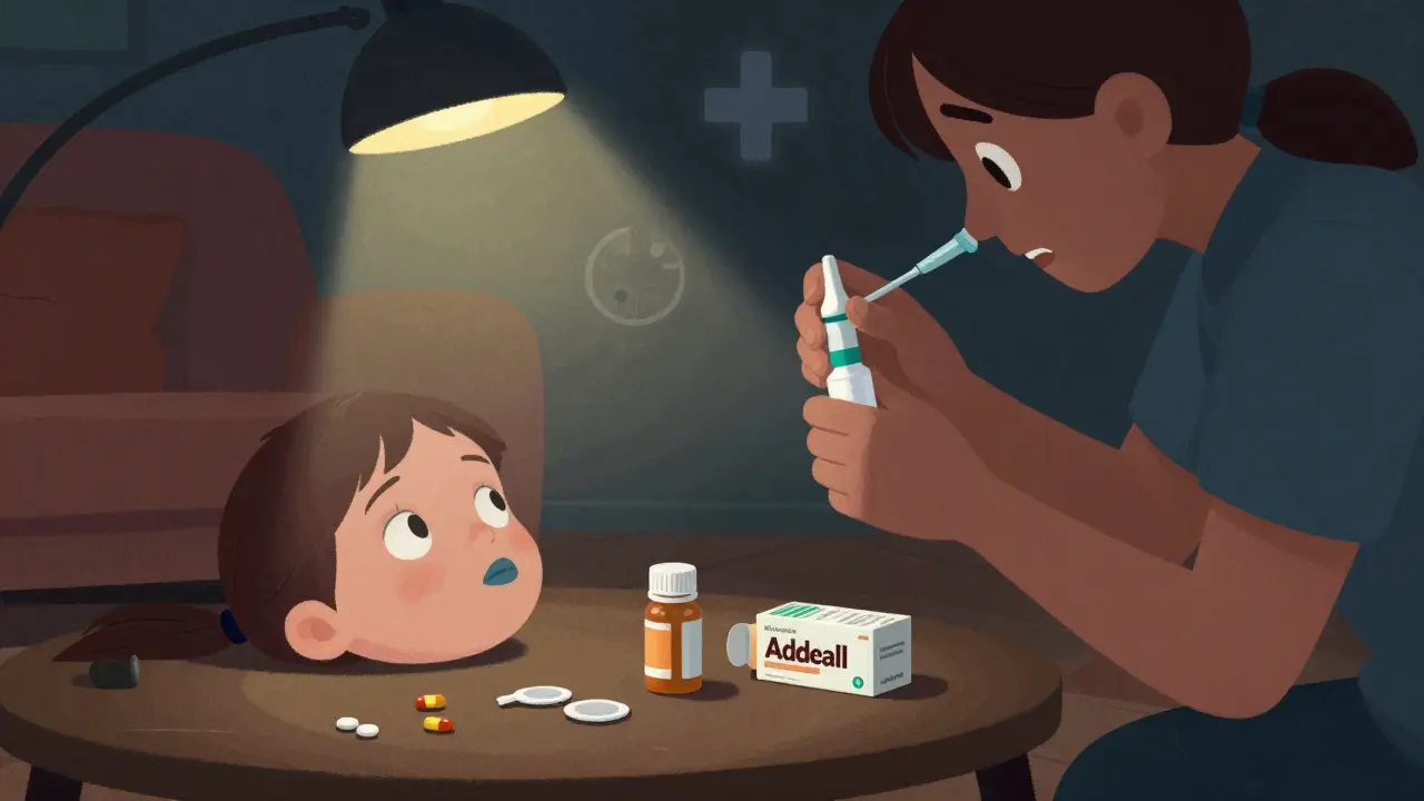 Child unresponsive with blue lips as caregiver administers naloxone, pill bottles visible on table.