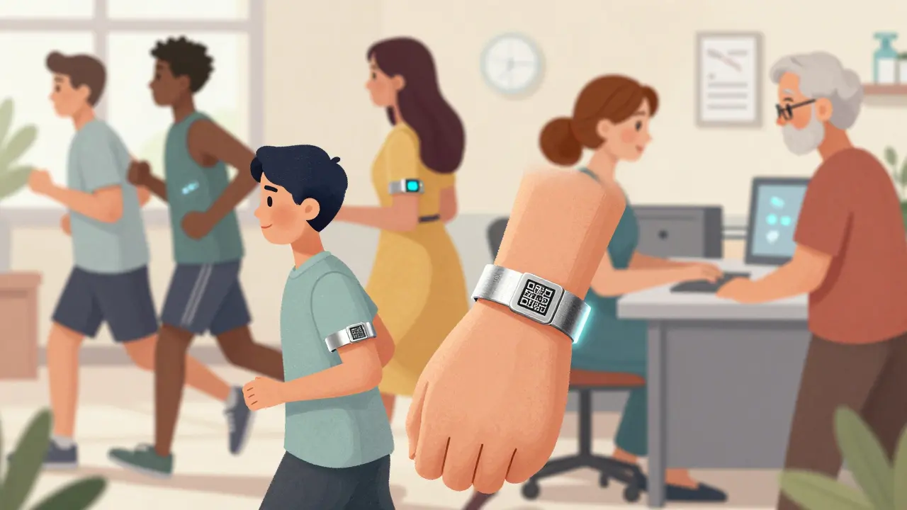 Diverse people wearing medical alert bracelets during everyday activities with subtle digital medication icons.