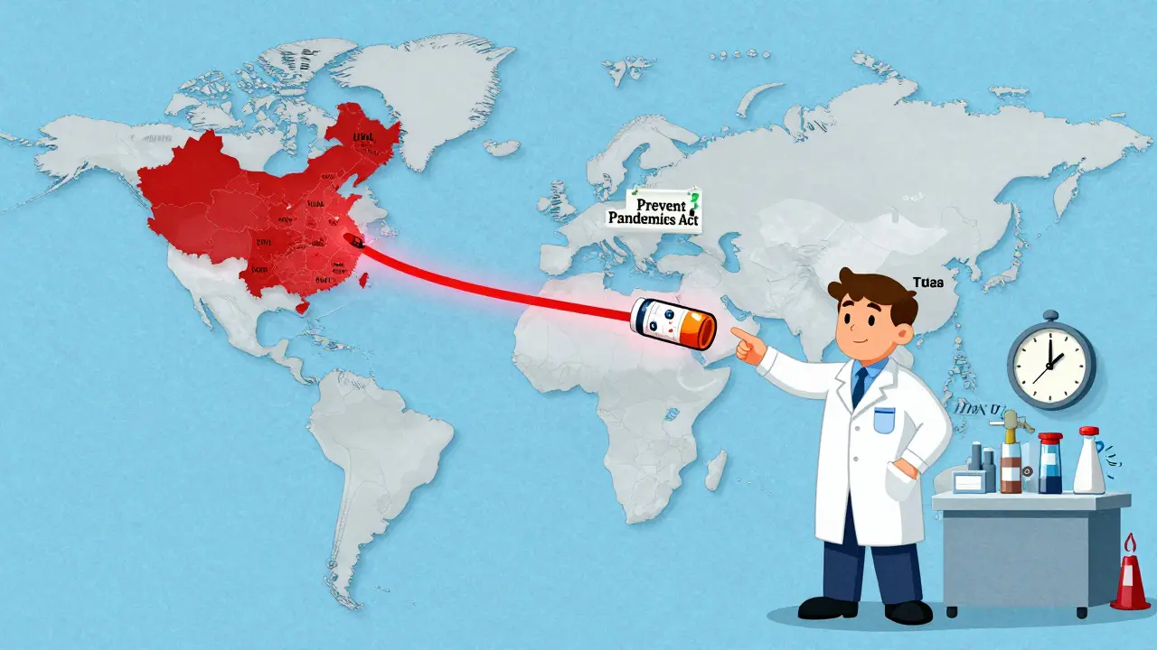 Global drug supply chain with a contaminated pill delayed 17 days, highlighting international recall challenges.