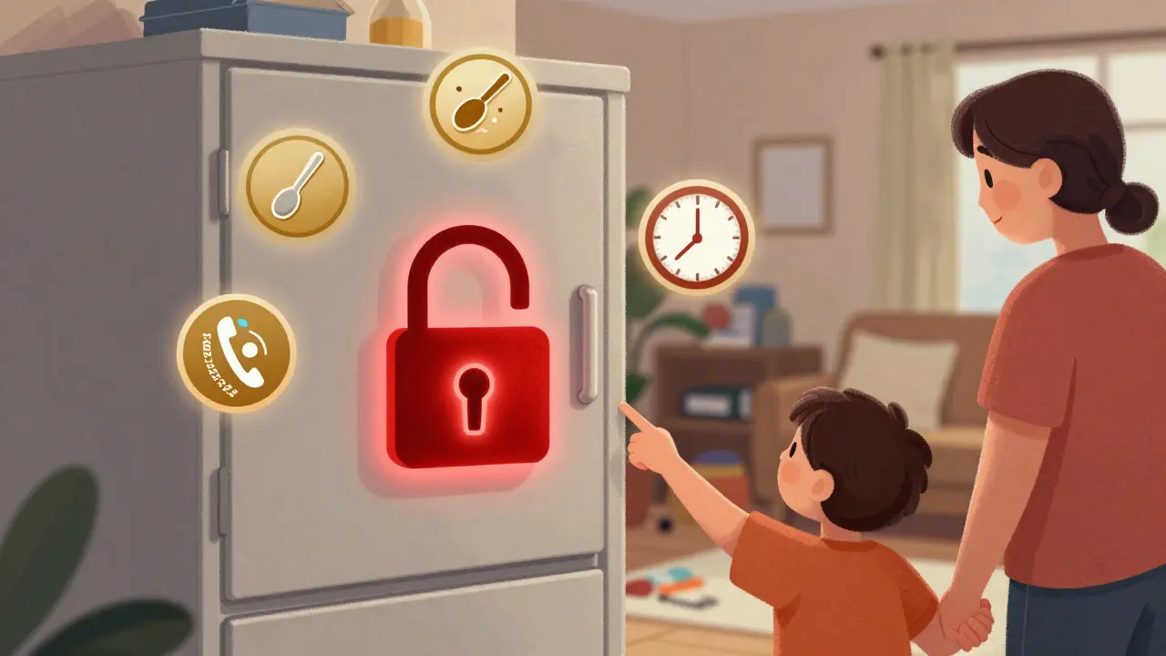 Locked medicine cabinet with safety icons and phone number, parent guiding child away from hazards.
