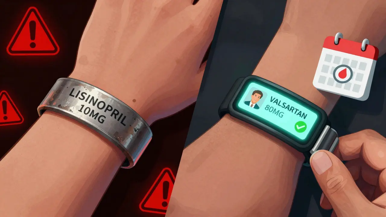 Outdated medical bracelet on left, updated QR code bracelet with digital profile on right.