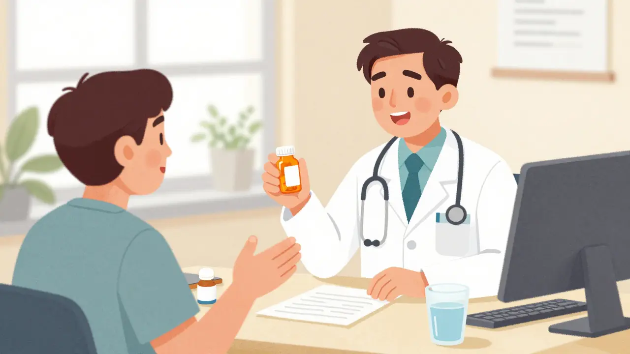 Patient and doctor discussing medication side effects in office setting.