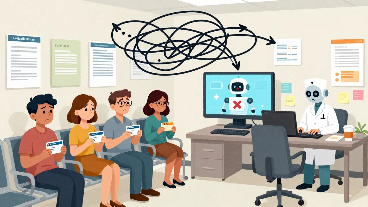 Patients in a clinic waiting room with different insurance cards, while an AI robot denies prescriptions on a screen.