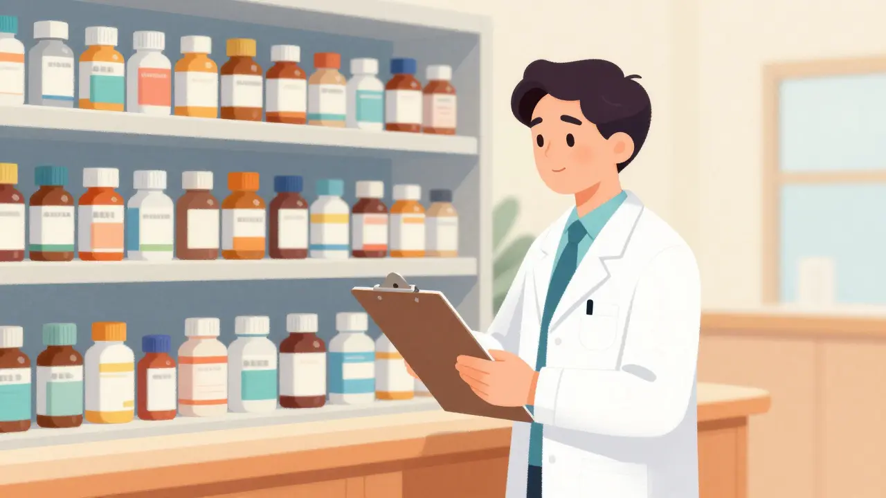 Pharmacist reviewing medicine bottles on a shelf in a clinic.