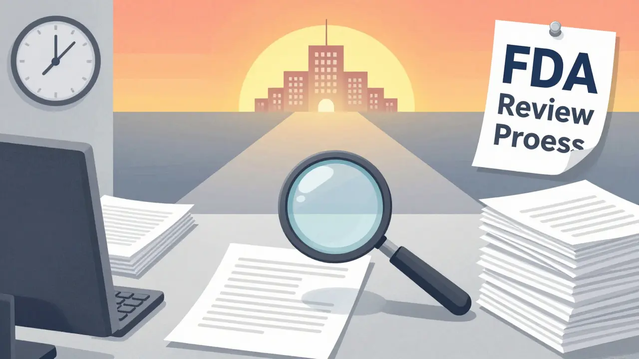 Stylized desk with magnifying glass over documents and a path ahead.