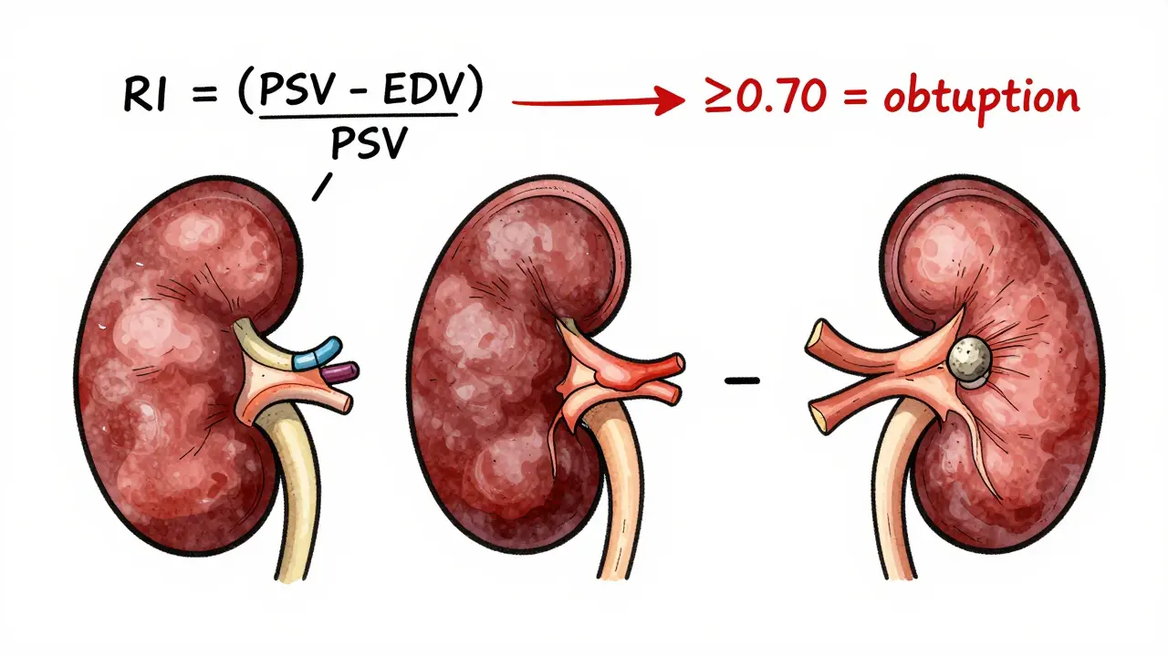 Three side-by-side kidney illustrations showing healthy, moderately obstructed, and severely obstructed states with resistive index formula.