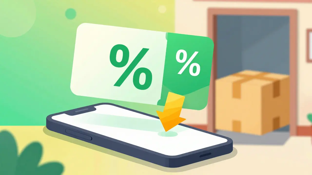 A digital discount coupon on a smartphone screen with a delivered package in the background.