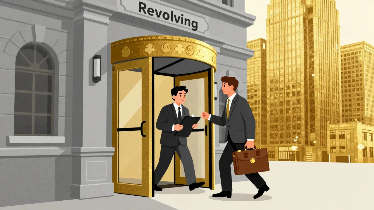 A person transitioning from a government worker to a corporate executive through a revolving door.