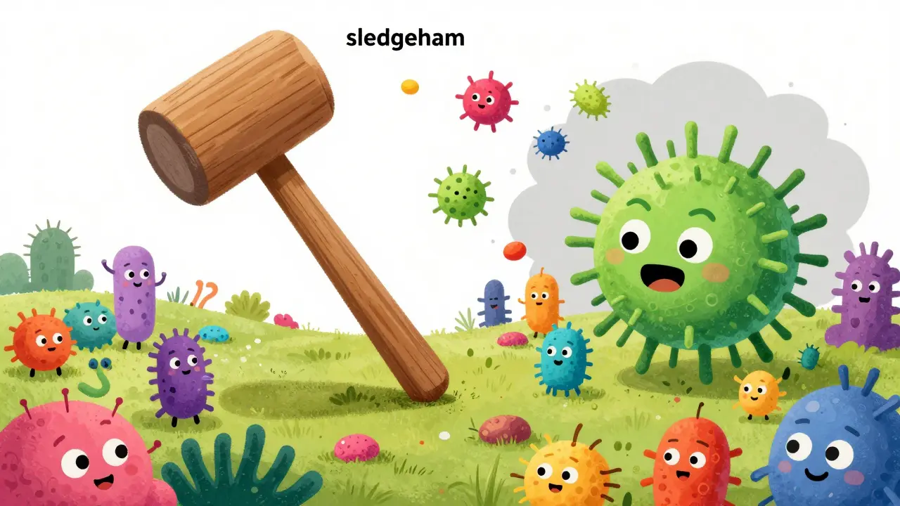 Cartoon depiction of a giant mallet hitting friendly gut bacteria to show the impact of broad-spectrum antibiotics.