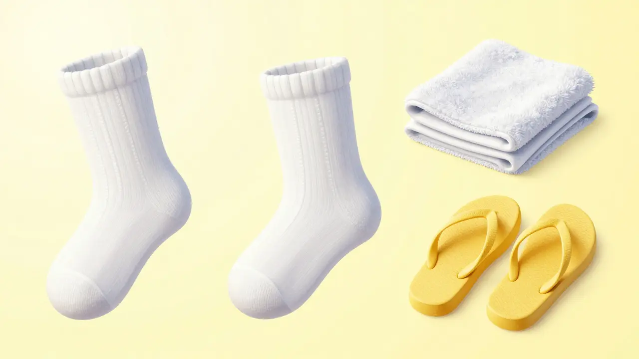 Cartoon depiction of clean socks, a towel, and flip-flops representing hygiene and prevention.