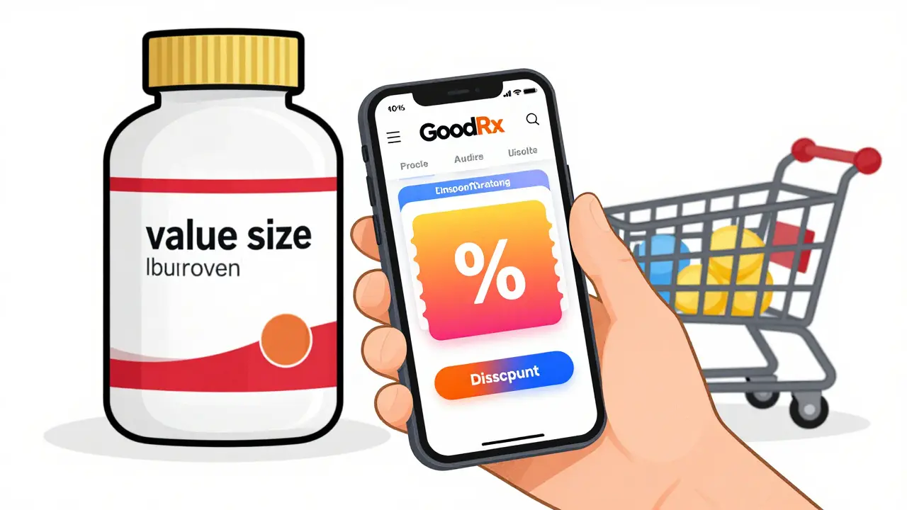 Cartoon of a person using a discount app to buy a bulk bottle of generic ibuprofen.