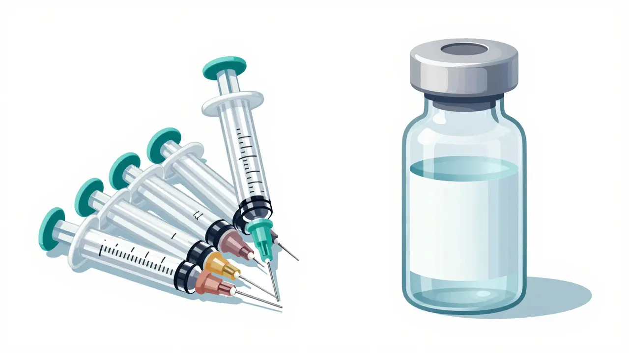 Comparison of prefilled medical syringes and a concentrated medication vial.
