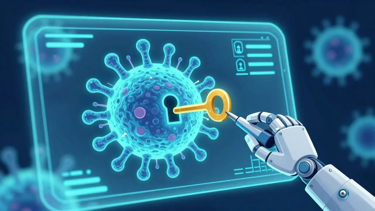 Illustration of a golden key fitting into a bacterial lock, symbolizing precision medicine and targeted antibiotics.