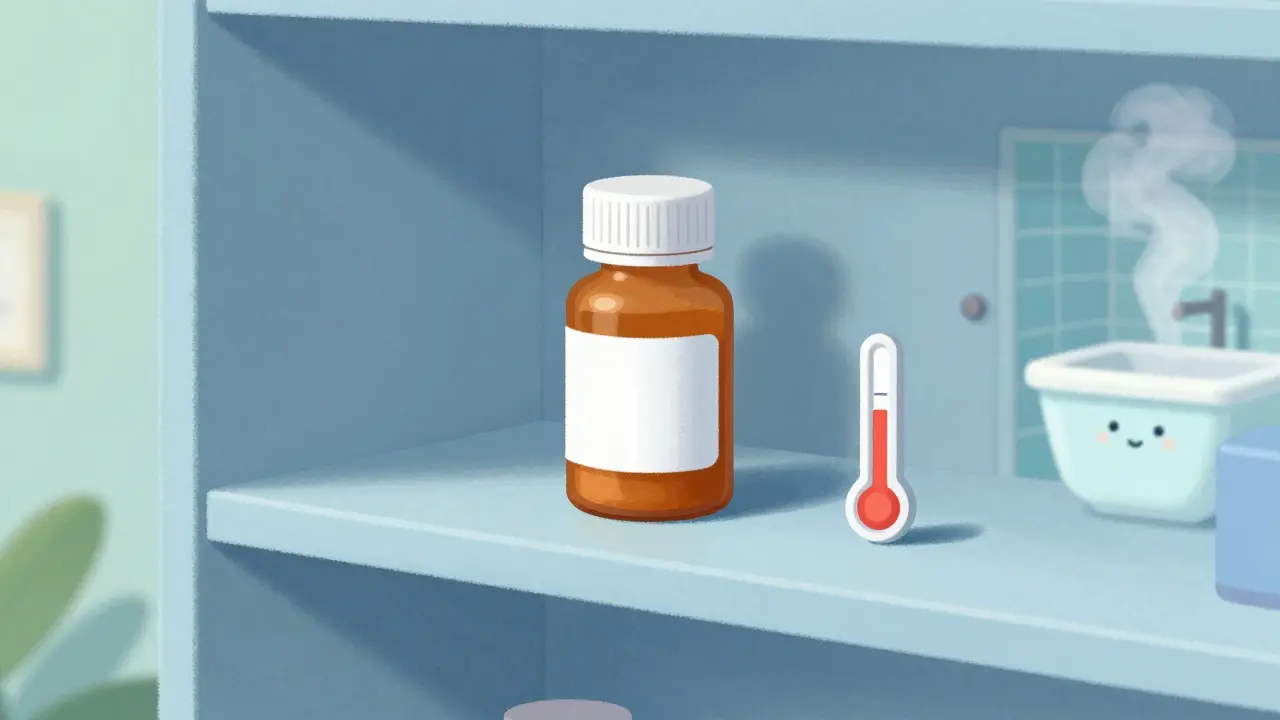 Illustration of a medicine bottle stored safely on a high shelf in a cool, dry room.